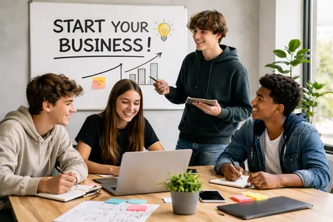 Teens collaborating on a startup idea