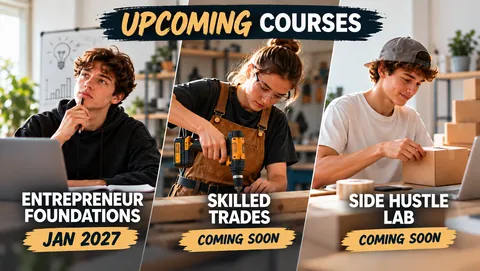 Upcoming courses: Entrepreneur Foundations starting January 2027, Skilled Trades and Side Hustle Lab coming soon.